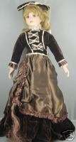 Crowne Fine Porcelain Victorian Doll Brown Velvet Gown  