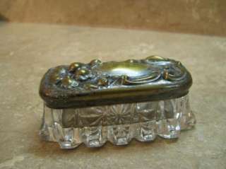Antique/Vtg DOUBLE INKWELL INK WELL Cut Glass BRASS LID Hibiscus 