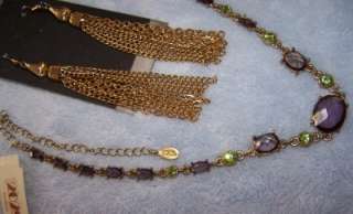 1928 purple green necklace; shoulder sweep earrings  