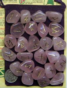 MD ROSE QUARTZ RUNES 25 Elder Futhark runestones gold  