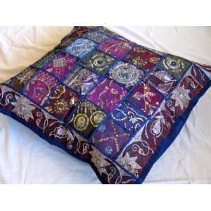 BLUE INDIA BEADED DECORATIVE COUCH FLOOR PILLOW CUSHION  