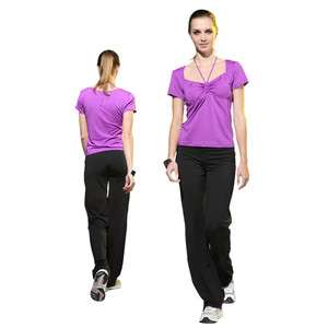 Purple Rouch Shelf Bra Short Sleeve T shirt Tops/Black Straigh Leg 
