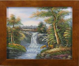 Waterfall Deers Forest Landscape   FRAMED OIL PAINTING  