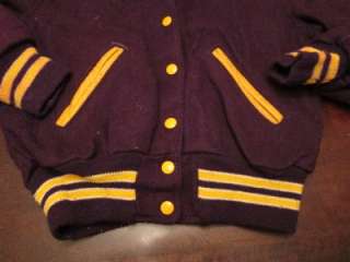 Vtg Delong Womens Purple & Yellow Wool Letterman Varsity Snap Jacket 