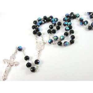 Black Crystal Beads Silver Plated Rosary Necklace Cross Crucifix with 