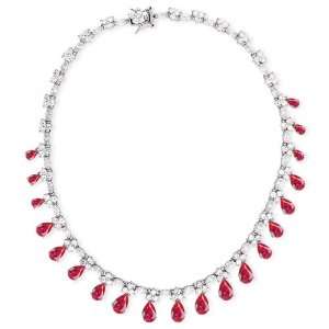  Ruby C.Z. Diamond Pear Drop Dangling Evening Necklace 