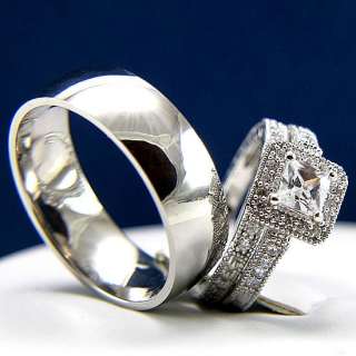 3pcs His Hers Engagement Wedding Bridal Band Ring Mens Womens Set New 