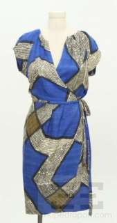  Diane von Furstenberg Blue, Grey, & Cream Silk Cap Sleeve Wrap Dress 