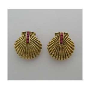   18k Yellow Gold Diamond Ruby Retro Shell Earrings Circa 1940 Jewelry