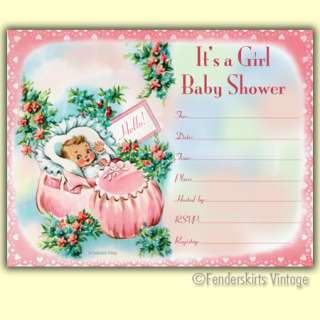 Vintage Retro Baby Girl Pink Bootie Shower Invitations  