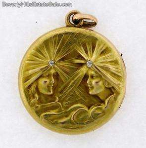 Antique Art Nouveau 14k Diamonds Two Womans Faces Locket  