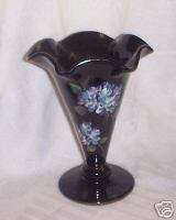 Fenton TRUMPET VASE Blue Hydrangeas on Black #5973 QB  