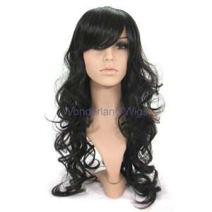  Long black curly wavy wig/wigs with side sweep fringe 