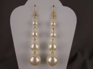 Cream Off White gold tone faux pearl graduated bead dangle earrings 3 