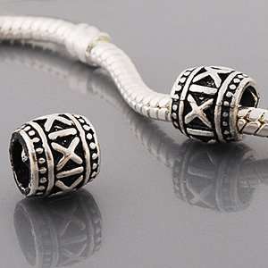 Pandora style antique silver plate metal bead with X design in barrel 