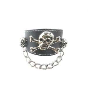  Head Crossbone 2 Small Skull Chain Black Leather Heavily Metal Style 