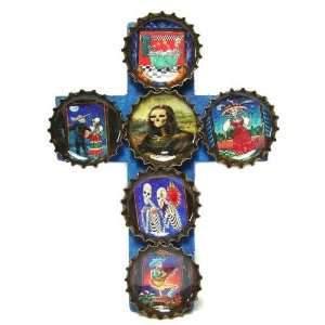   Mexican Day of the Dead Bottle Cap Wood Cross, Blue 