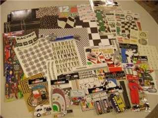 NASCAR Lot of 12 x 12 Scrapbook Paper, Stickers, Ribbon and More NEW 