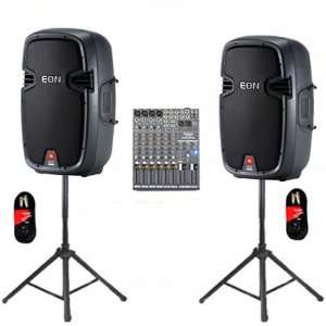  JBL Powered 10 EON 510 DJ Loudspeakers Mixer, Stands and 