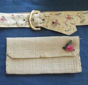 Vintage SET woven Japan jute clutch & satin embroidered 50sGERMAN belt 