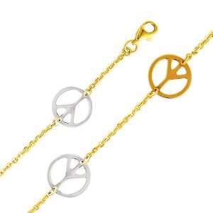 14K 3 Tri color Gold Peace Sign Fancy Bracelet with Lobster Claw Clasp 