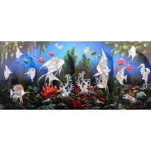  Vietnamese Lacquer Paintings   32 x 62 Fengshui Fish 