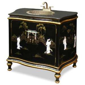  Black Lacquer Vanity Cabinet with Mother of Pearl Lady 