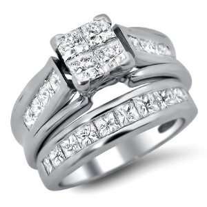 40ct Princess Cut Quad Diamond Engagement Ring Bridal Set 14k White 