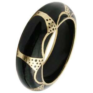  Black Wood with Gold Curve and Dots Pattern Bangle 