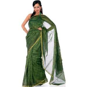 Green Chanderi Sari with All Over Block Printed Leaves   Pure Cotton 
