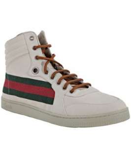 Gucci white canvas web striped high top sneakers   