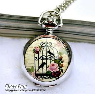 NWT Classic Colorful Print Bird&Cage Silver Mini Pocket Watch Necklace 