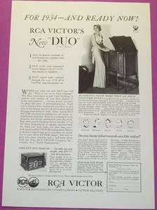 1934 RCA VICTORS NEW DUO RECORD PLAYER & RADIO AD  