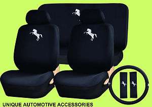 11PC WHITE MUSTANG PONY SEAT COVER STEERING WHEEL COMBO  