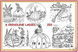 203 ~ 6 Crinoline Ladies Embroidery Transfer patterns  