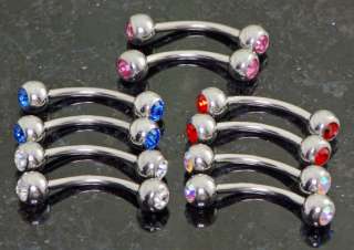 Pairs 16g 3/8 Double CZ Eyebrow Rings,Curve Barbells  