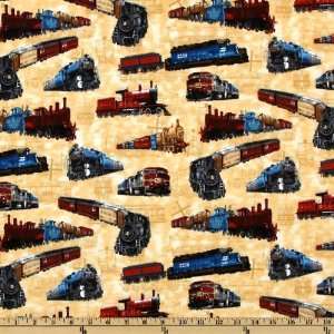  44 Wide All Aboard Trains Red/Blue/Cream Fabric By The 