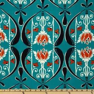  58 Wide Rayon Challis Deco Turquoise/Orange Fabric By 