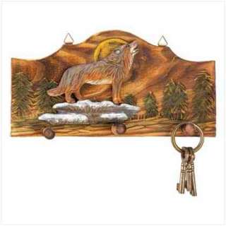 Carved Wood Timber Wolf Key Holder Wall Hooks Plaque  