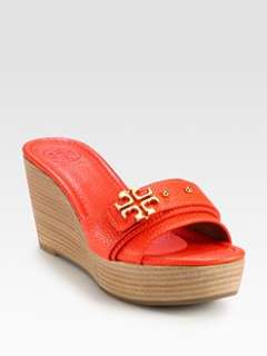 Tory Burch   Elina Pebbled Leather Logo Wedge Sandals