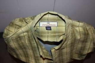 Tommy Bahama Mens Large 100% Silk Green Shirt Raised Stitching Plaid 