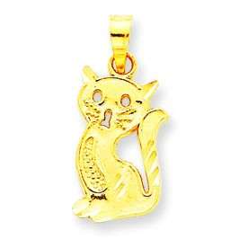 14K Yellow Gold Polished Solid Casted Satin Diamond Cut Cat Charm 