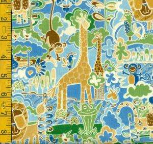 yd FLANNEL Gold Lime Blue Brown Jungle Animals on Beige BTY  