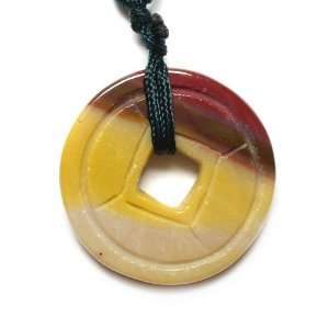   Mookatite Gemstone Chinese Coin Pendant on Silk Slip Choker Jewelry