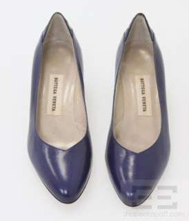 Bottega Veneta Indigo Blue Leather Intrecciato Trim Kitten Heels Size 