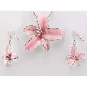   Enamel Hawaiian Tropic Island Flower Necklace Earring Set Jewelry