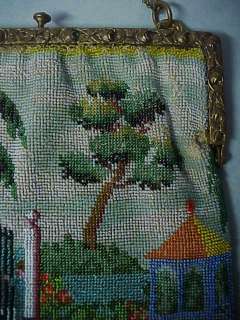   Beaded Scenic Tapestry Purse w Dore Metal Frame Antique Vintage  