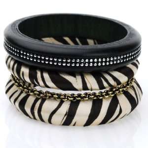   Zebra Inspired Printed Bangle Bracelet Set in Fabric and Wood Jewelry