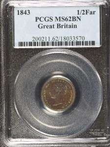 1843 Great Britain 1/2 Half Farthing PCGS MS62BN  
