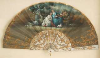ANTIQUE SPANISH SIGNED HAND PTD MOP GILDED STAVES FAN  